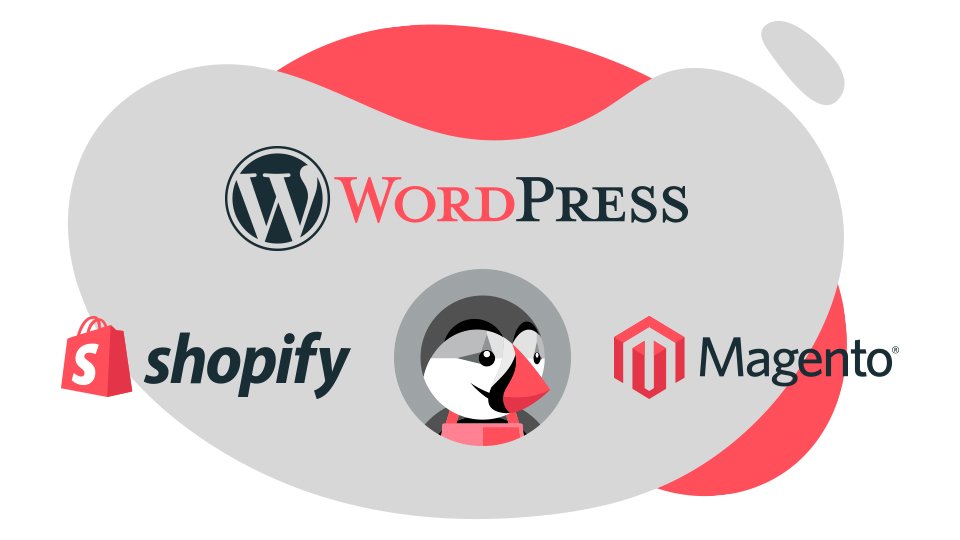 imagen con logotipos de wordpress, shopify, magento, presta shop