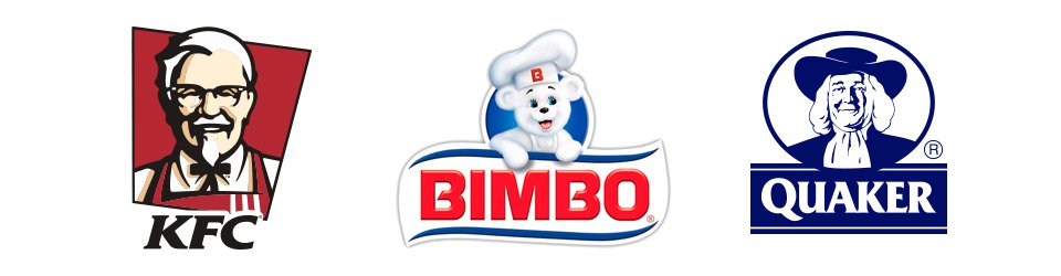 fondo blanco con logotipos de kfc bimbo y quaker oats