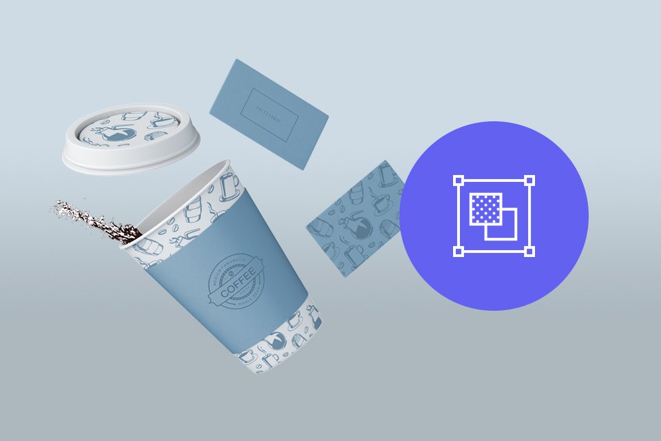 fondo degradado azul y gris con imagen de vaso desechable de cafe y tarjetas de presentación con boton auzl morado e icono